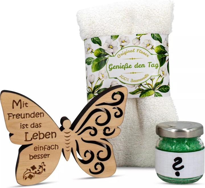Produktbild ZNatur Geschenkset Zirben Holz Schmetterling mit Gravur Mit Freunde Badesalz & Tuch No.38 (Körperpflegeset)