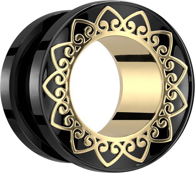 Immagine prodotto Star Piercing Tunnel color carne con interni e cuori in oro nero (Acciaio chirurgico 316L)