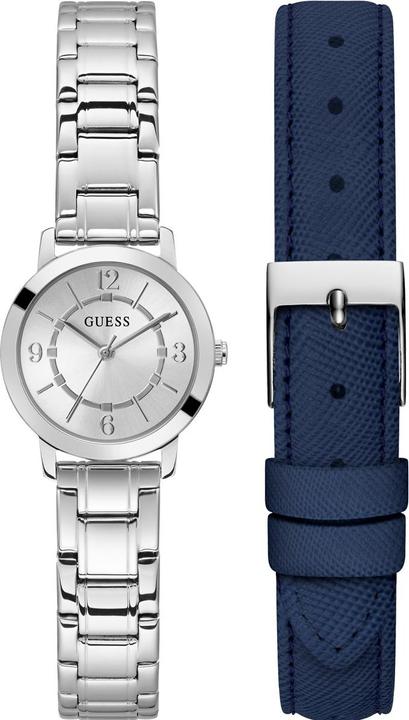 Guess P SLV CS W/ CRYS / SUN SLV DL / P SLV BRCT / NAVY SAFFIANO LTR STRP Armbanduhr (28 mm)