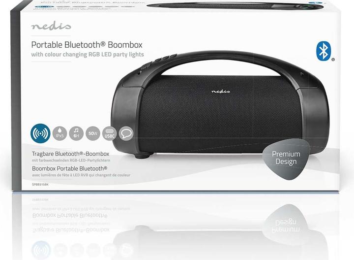 Immagine prodotto Nedis Bluetooth® Party Boombox 6 ore 2.0 50 W Riproduzione multimediale: AUX/USB IPX5 Maniglia di (6 h, Batteria ricaricabile)