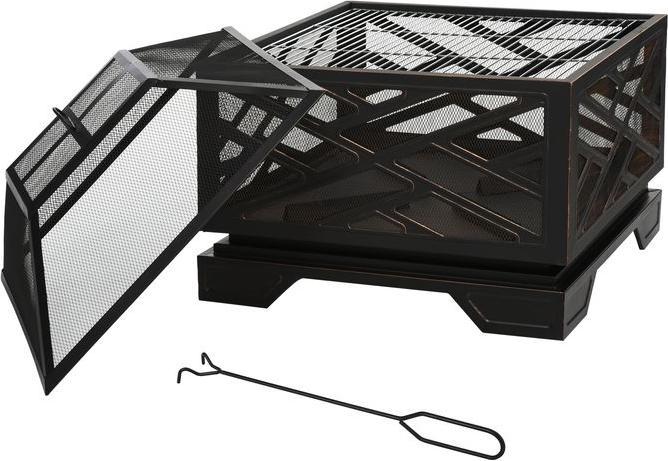 Swisshandel24 Feuerschale mit Funkenschutz, Feuerkorb mit Grillrost & Schürhaken, 2-in-1 BBQ Grill, Metall, Schwar (66 cm)