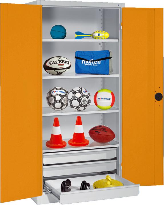 C+P Sportgeräteschrank mit Schubladen (HxBxT: 195x120x50 cm, mit Vollblech-Flügeltüren, Typ 4)