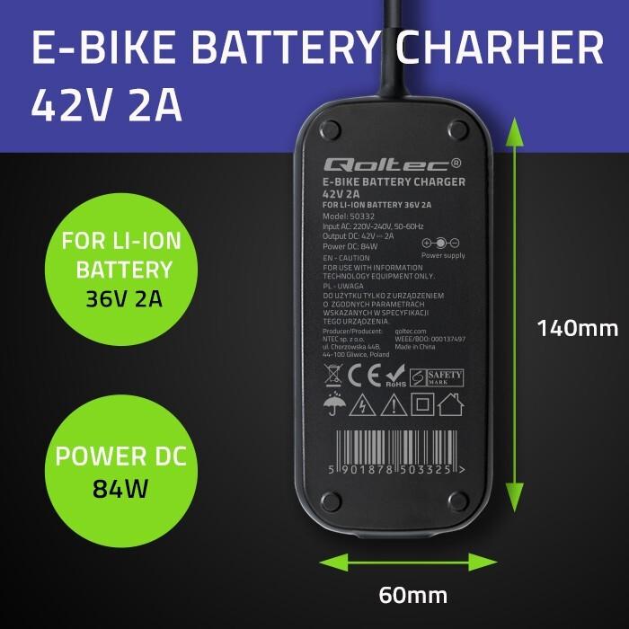 Immagine prodotto Qoltec Ladegerät für E-Bike 36V 42V 2A 5.5x2.1 (Batteria E-Bike)