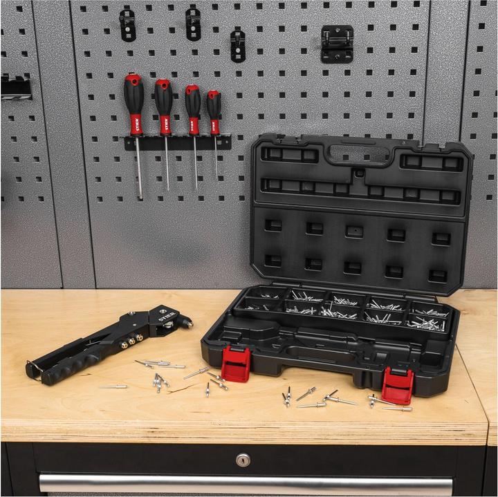Actual product image Stier Premium blind rivet set with 360° manual riveting pliers and 501-piece blind rivets