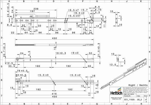 Immagine prodotto Hettich Schubladenschiene Teilauszug Rollschubführung mit integrierter Dämpfung 450 mm weiss 2 Stück