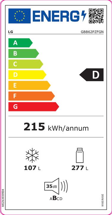 Label énergétique LG Refrigerateur Gbb62pzfgn (384 l)