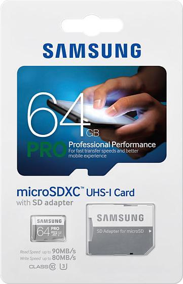 Actual product image Samsung microSDXC Pro with adapter (64 GB, microSDXC, U3, UHS-I)