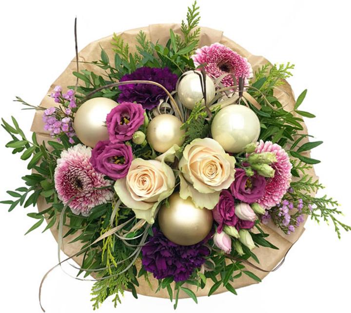 Produktbild Weihnachtlicher Blumenstrauss lila, weiss und gold