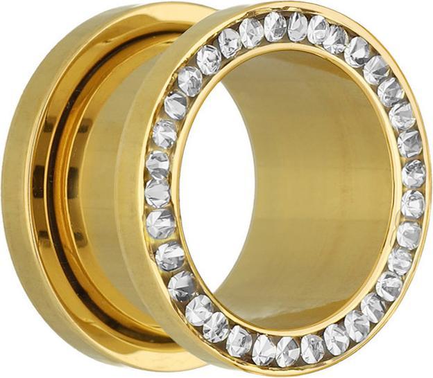 Star Piercing Flesh Tunnel vergoldet mit Kristall silber (ohne Messing, Chirurgenstahl 316L)