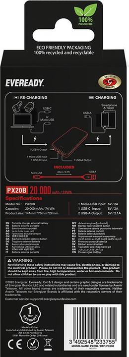 Image du produit Eveready PX20B - Banque d'alimentation 20000 mAh 2x USB-A (Noir) (20000 mAh, 74000 Wh)