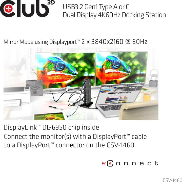 Actual product image Club 3D Dual Display Docking Station 4K60Hz (USB-B, 6 Ports)