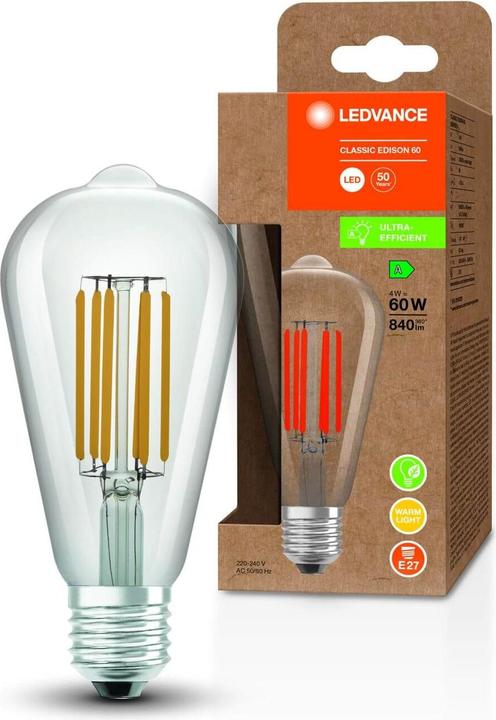 Produktbild Ledvance LED edison filament 840lm 4W/830 (60W) E27 energiklasse A (E27, 4 W, 840 lm, 1 x, A)