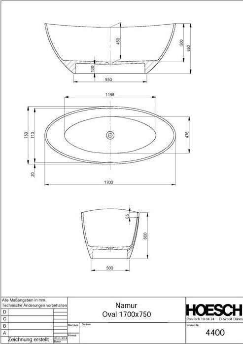 Image du produit Hoesch Baignoire NAMUR 1700x750x450mm pose libre blanc (265 l, 170 cm, 75 cm)