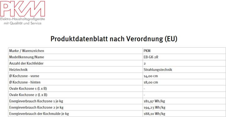 Nährwerte und Zutaten PKM Einbau-Kochfeld EB-GK-2R