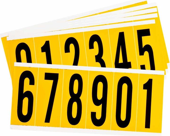 Actual product image Brady 1550-#-Kit, B-946, vinyl, lettering: number set (0-9), black on yellow, 38 x 89mm, lettering