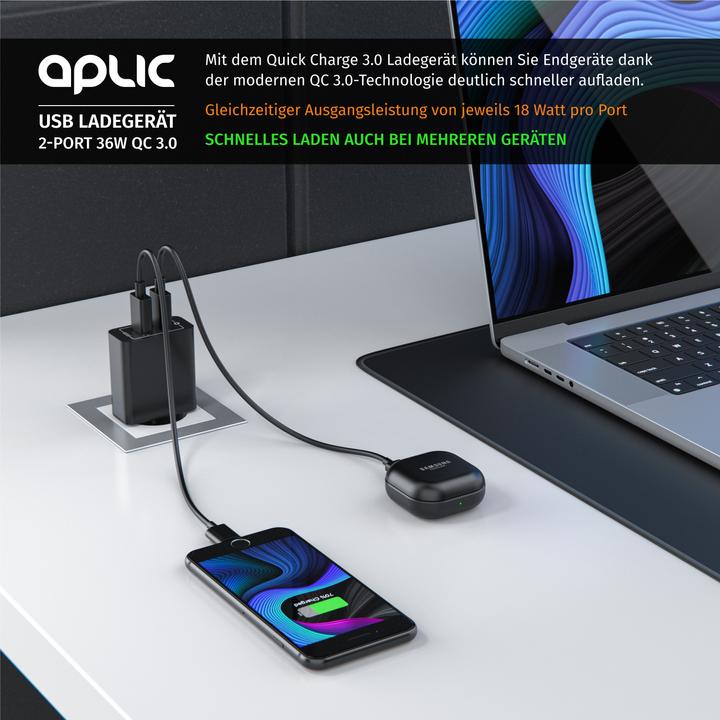 Image du produit Aplic Chargeur USB, chargeur USB Quick Charge à 2 ports 36 W / 6000 mA / fonction de charge rapide, noir (36 W)