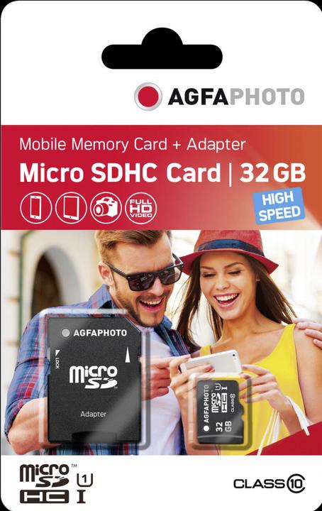 Image du produit AGFAPHOTO MicroSDHC UHS-I 32 Go haute vitesse classe 10 U1 + adaptateur (32 Go, microSDHC, U1, UHS-I)