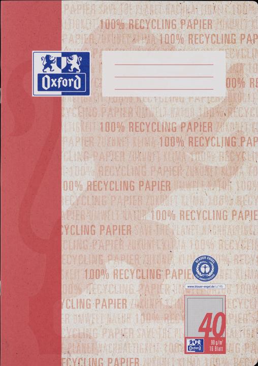 Produktbild Oxford Recycling Schulheft A4, Lineatur 40 (A4, Kariert, Harter Einband)