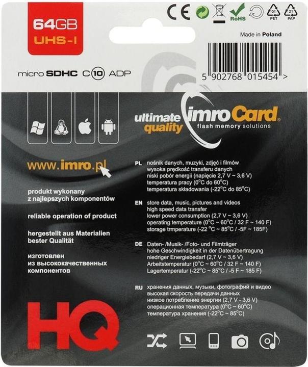 Produktbild IMRO 10/64G UHS-I ADP - 64 GB - MicroSDHC - Klasse 10 - UHS-I - 82 MB/s - 21 MB/s (64 GB, microSDHC, U1, UHS-I)