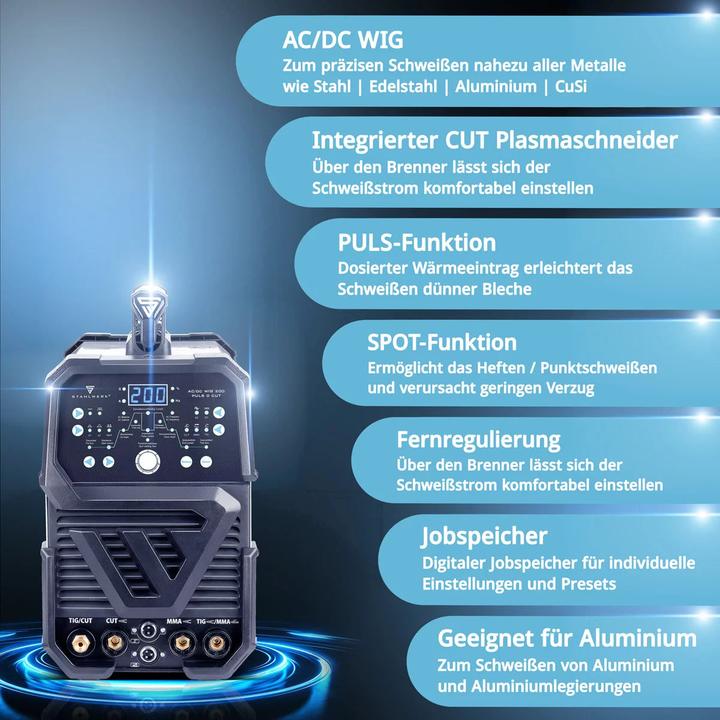 Produktbild Stahlwerk 4-in-1 Kombi-Schweissgerät AC/DC WIG 200 Puls D CUT Vollausstattung