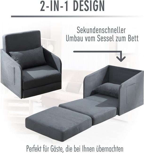 Produktbild Swisshandel24 Schlafsofa Sofabett Einzelsofa Waschbarer Bezug 2 Seitentaschen Kissen Metall Grau 70 x 76 x 77 cm