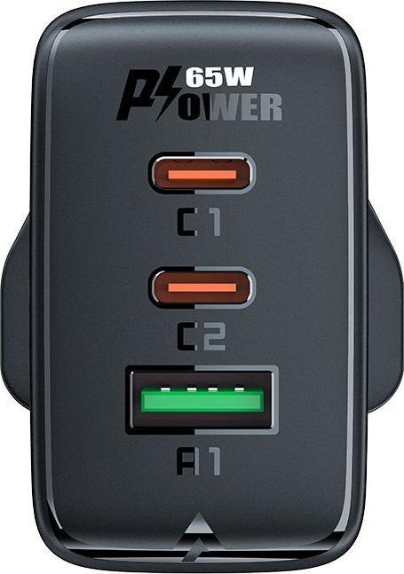 Actual product image Acefast charger GaN 65W 3 ports (1xUSB, 2xUSB C PD) UK plug black (A44) (65 W)