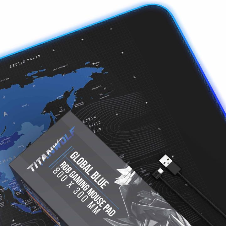 Produktbild Titanwolf RGB Gaming Mauspad, Mausmatte XL 800 x 300mm verbessert Präzision & Geschwindigkeit, Weltkarte blau