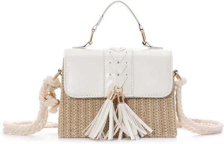 Only-Bags.Store Quaste Dekor Stroh gewebt Handtaschen, Mini Rope Strap Crossbody Strandtasche, Frauen Top Handle