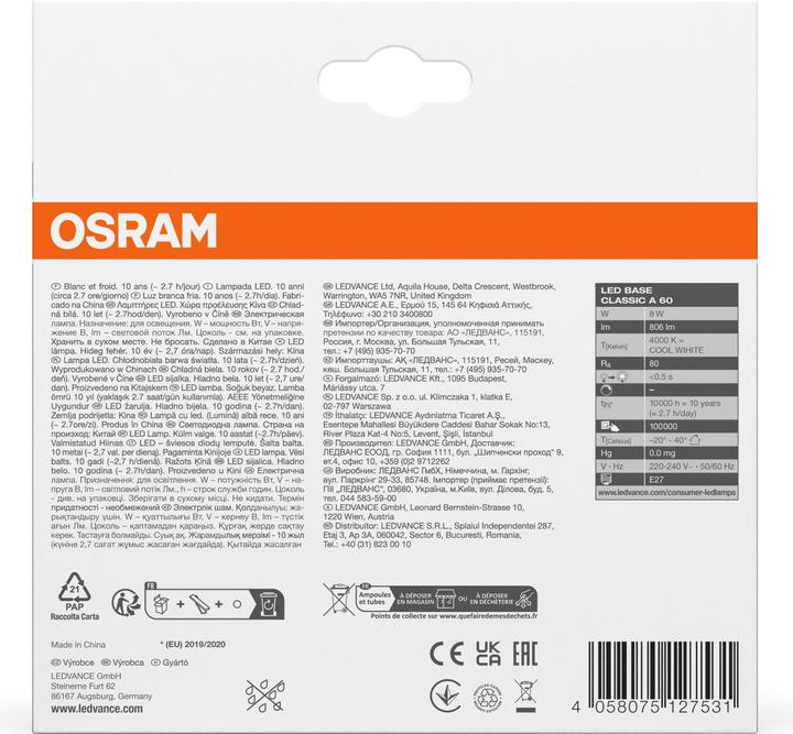Immagine prodotto Osram Base Led Classic A (E27, 8.50 W, 806 lm, 3 x, F)