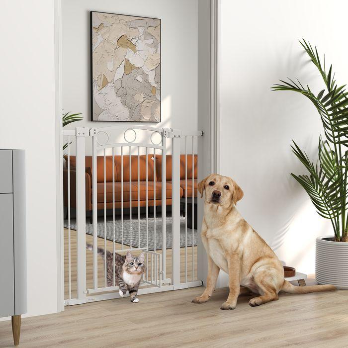 Produktbild Swisshandel24 Türschutzgitter Hund, 76-104 cm Absperrgitter ohne Bohren, mit Katzentüre, Treppengitter, weiss