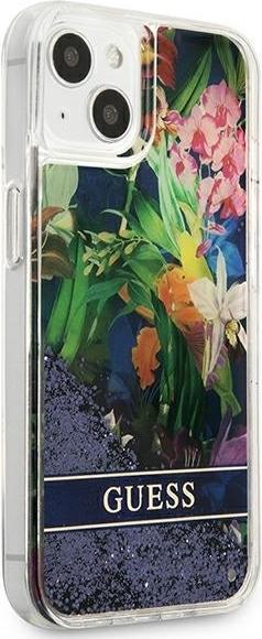 Productafbeelding Guess GUHCP13SLFLSB iPhone 13 Mini 5,4" Blauw / Blauw Hardcase Bloem Vloeibaar Glitter (Apple iPhone 13 mini)
