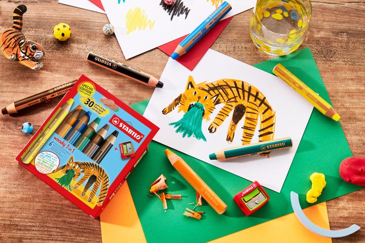 Actual product image Magni STABILO Buntstifte woody 3in1 Tiger Design 6 Stück mit Spitzer (Assorted, 6 x)