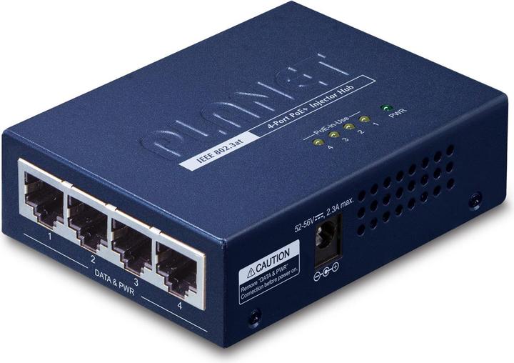 Actual product image Planet PoE 802.3at Injector 4-Port RJ-45 Hub 10/100/1000 Mbps Weight: 220g (802.3af (PoE), 802.3at (PoE+), 120 W)
