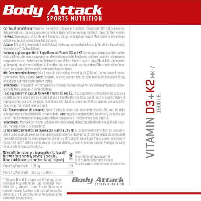 Image du produit Body Attack Vitamin D3 + K2 (30 pièce(s), Capsules, 16.30 g)