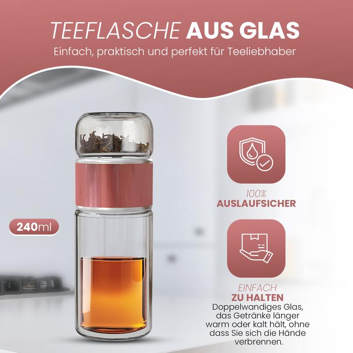 Actual product image Gewürzladen Näfels Rotatable tea bottle made of heat-resistant glass with tea filter - to go (0.24 l)