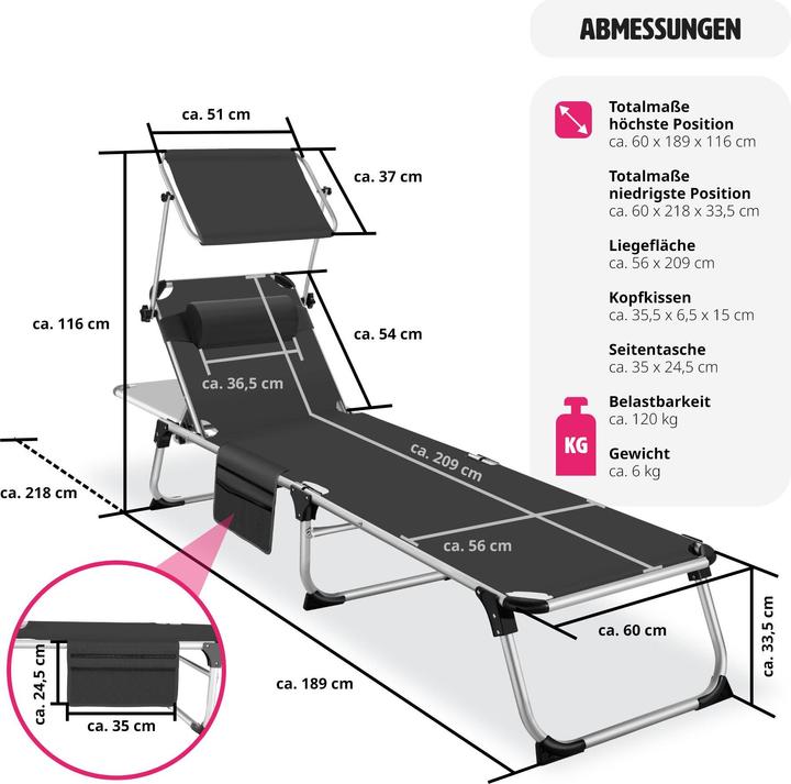 Produktbild tectake Sonnenliege Aurelie aus Aluminium, 6-stufig (218 cm)