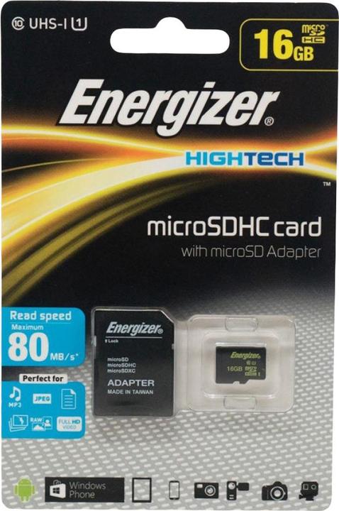 Energizer High Tech 16GB Micro SDHC with Adapter Up to 80 MB/sec Up to 10 MB/sec (16 GB, microSDHC)