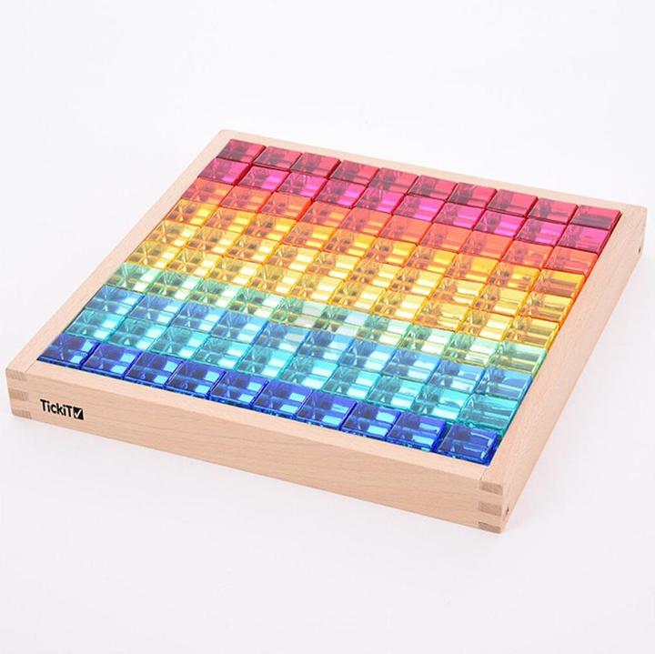 TickiT Set mit 100 farbigen und Transparente Acryl-Würfel und einem Spiegelkasten aus Holz