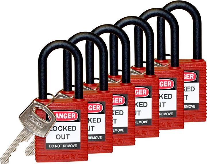 Produktbild Brady Nylon-Sicherheitsschloss mit Nylonbügel, Rot, 38mm Bügelhöhe, 6,5mm Bügeldurchmesser (Keyed