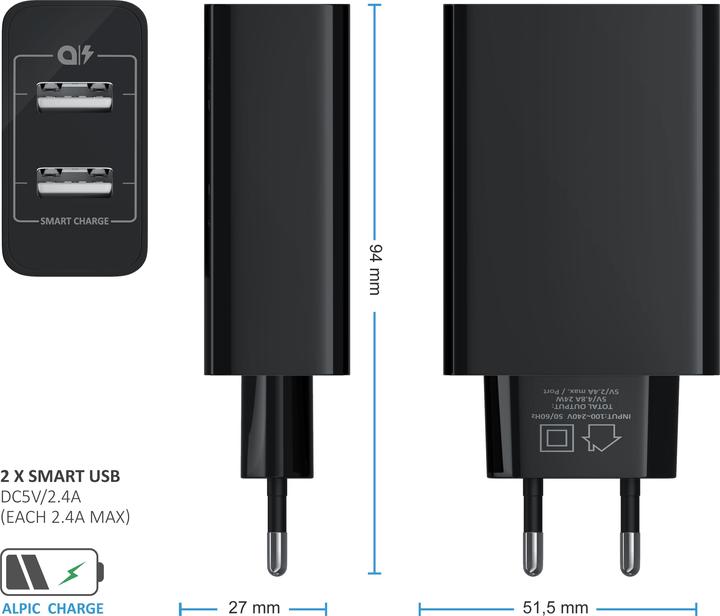 Produktbild Aplic USB Ladegerät 4800 mA, 2 Port Nezteil mit Smart Charge + Solid Charge, Leistungsstarke 24W, schwarz (24 W)