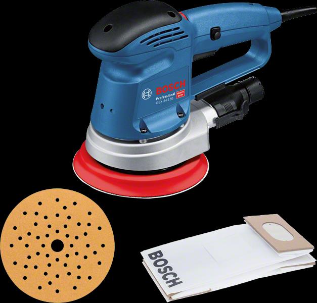 Bosch Professional Random orbital sander GEX 34-150, sanding disc, 1 x paper dust bag, 1 x dust extraction pad. (Eccentric grinder, 340 W)