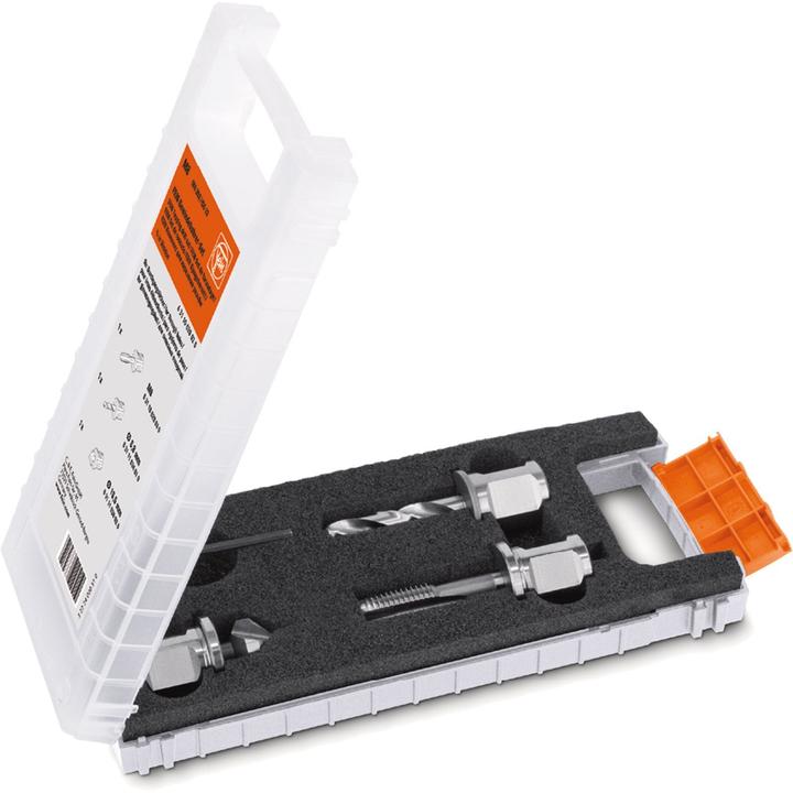 4 in Weldon sowie 1 Innensechskant-Schlüssel in einer praktischen Kunststoff-Aufbewahrungsbox, 4 in Weldon-Aufnahme und HSS 90° Kegelsenker-Bit Ø 16,5 mm mit Adapter 3, ISO 13 mit Adapter 3, 4 in Weldon, HSS Spiralbohrer Ø 6,8 mm mit 3, 1 x Gewindebohrer M8 nach DIN 352