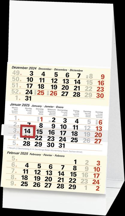 Produktbild Dreimonats-Tischkalender 702 9,7x19cm 3 Monate/Seite 2025 (Französisch, Englisch, Spanisch, Deutsch)