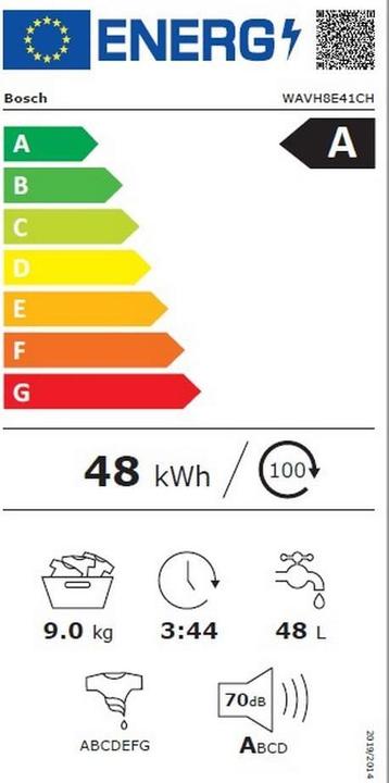 Label énergétique Bosch Hausgeräte HomeProfessional WAVH8E41CH (9 kg, Gauche, Fiche CH)