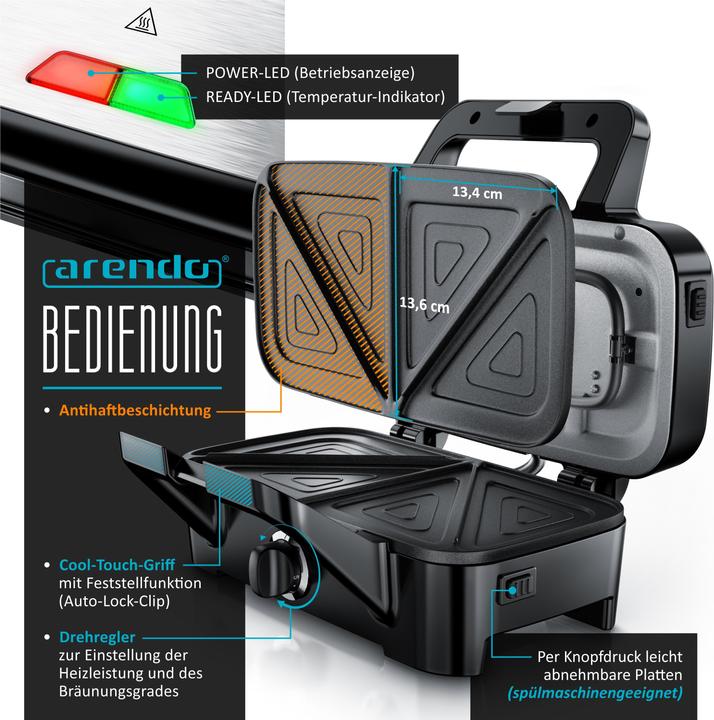 Actual product image Arendo Sandwich maker Waffle iron Contact grill with removable plates - with non-stick coating