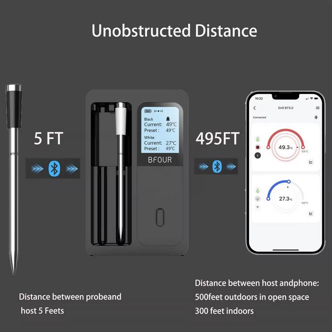 Immagine prodotto PhoneLook BFOUR Termometro intelligente Bluetooth per carne doppio BF-40 Batteria ecologica al litio Display