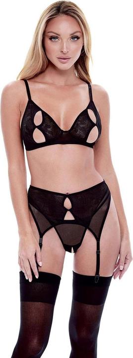 Baci XGEN 3Pc Eco Peek-A-Boo Bra, Garter & Panty Set - Flirtatious Black Lace Lingerie Set - Size S/M (UK (S/M)
