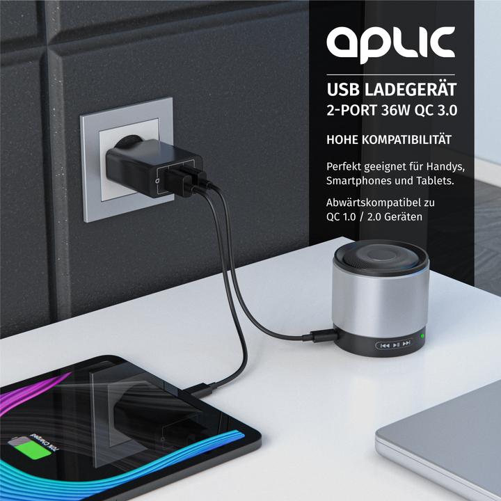 Image du produit Aplic Chargeur USB, chargeur USB Quick Charge à 2 ports 36 W / 6000 mA / fonction de charge rapide, noir (36 W)