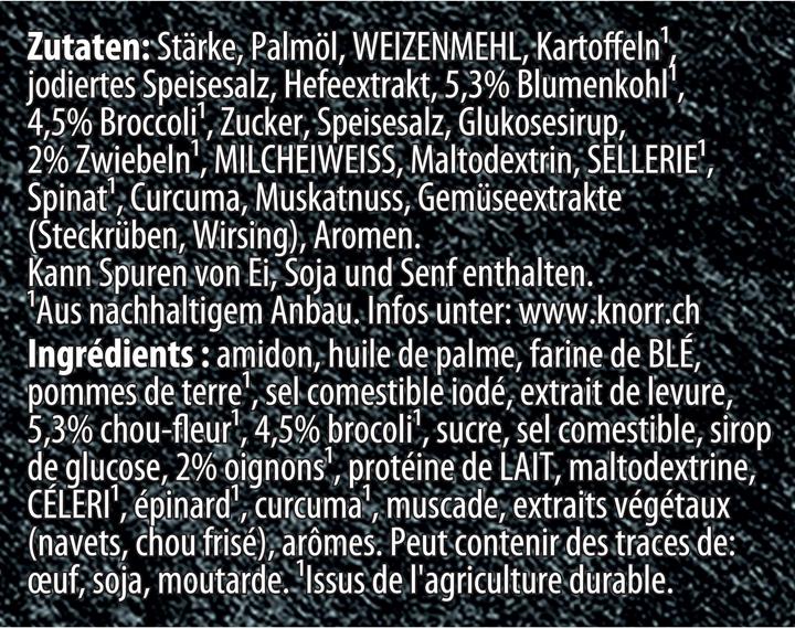 Nährwerte und Zutaten Knorr Suprême Broccolisuppe mit Blumenkohl und Kartoffel, Beutel Suppe extra crèmig, Fertiggericht