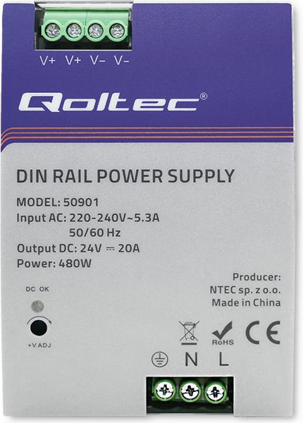 Immagine prodotto Qoltec 50901 Alimentatore industriale per guida DIN | 480W | 24V | 20A (480 W)